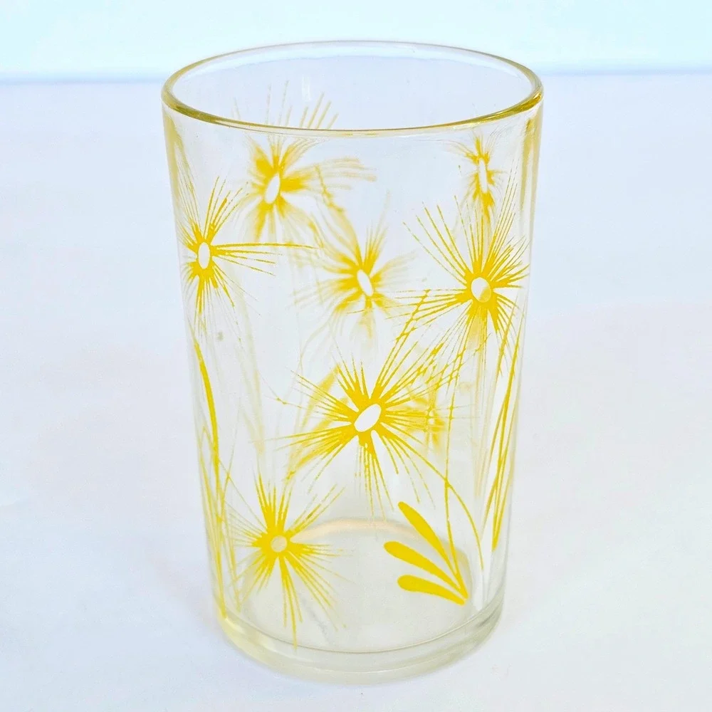 Vintage Yellow Sunburst Floral Glass Tumbler Mid Century Modern MCM Juice Glass